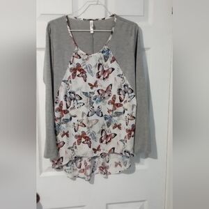Xhileration 3/4 sleeve, butterfly print, with gray sleeves and back.